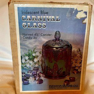 NOS Vintage Indiana Blue Carnival Glass Harvest Grape Canister Jar with Lid 7"
